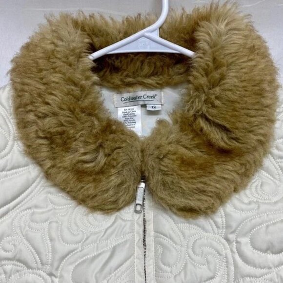 Coldwater Creek Jacket Women's 1X Cream Paisley Faux Fur Exclusive Deco Coat EUC - Picture 13 of 15